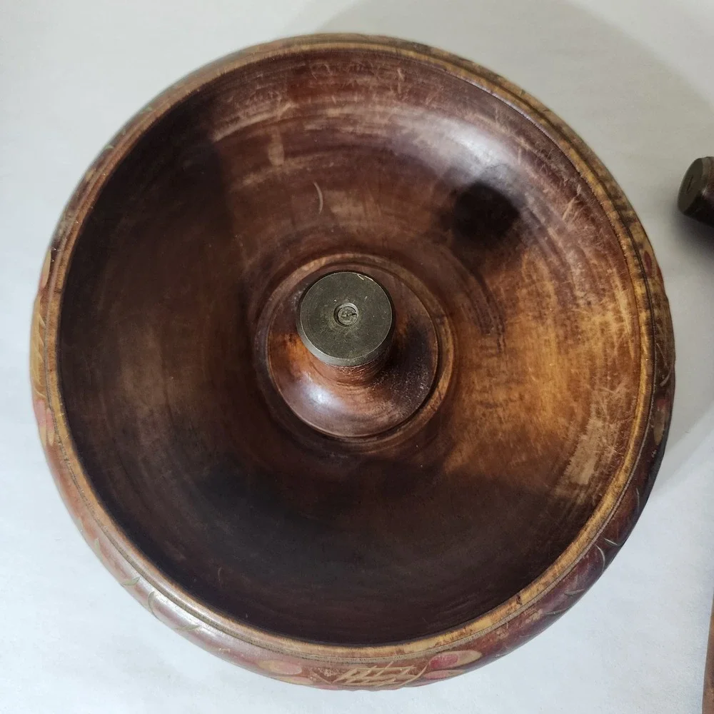 Vintage Hand Carved Wooden Nut Bowl Set with Mallet and Metal Anvil India Floral